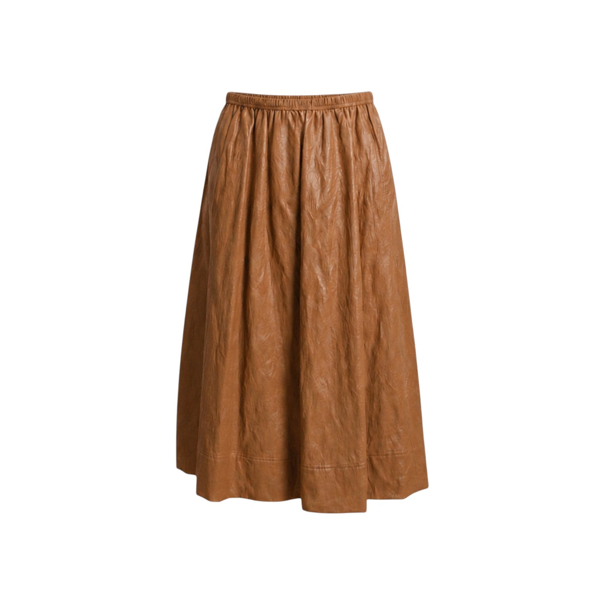 The Tiny Finch Claudia midi skirt in chestnut faux leather with an elastic waist and side seam pockets.