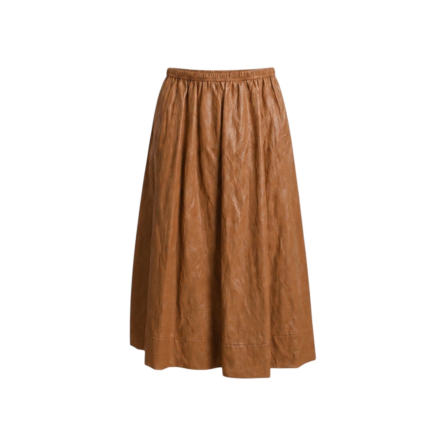 The Tiny Finch Claudia midi skirt in chestnut faux leather with an elastic waist and side seam pockets.