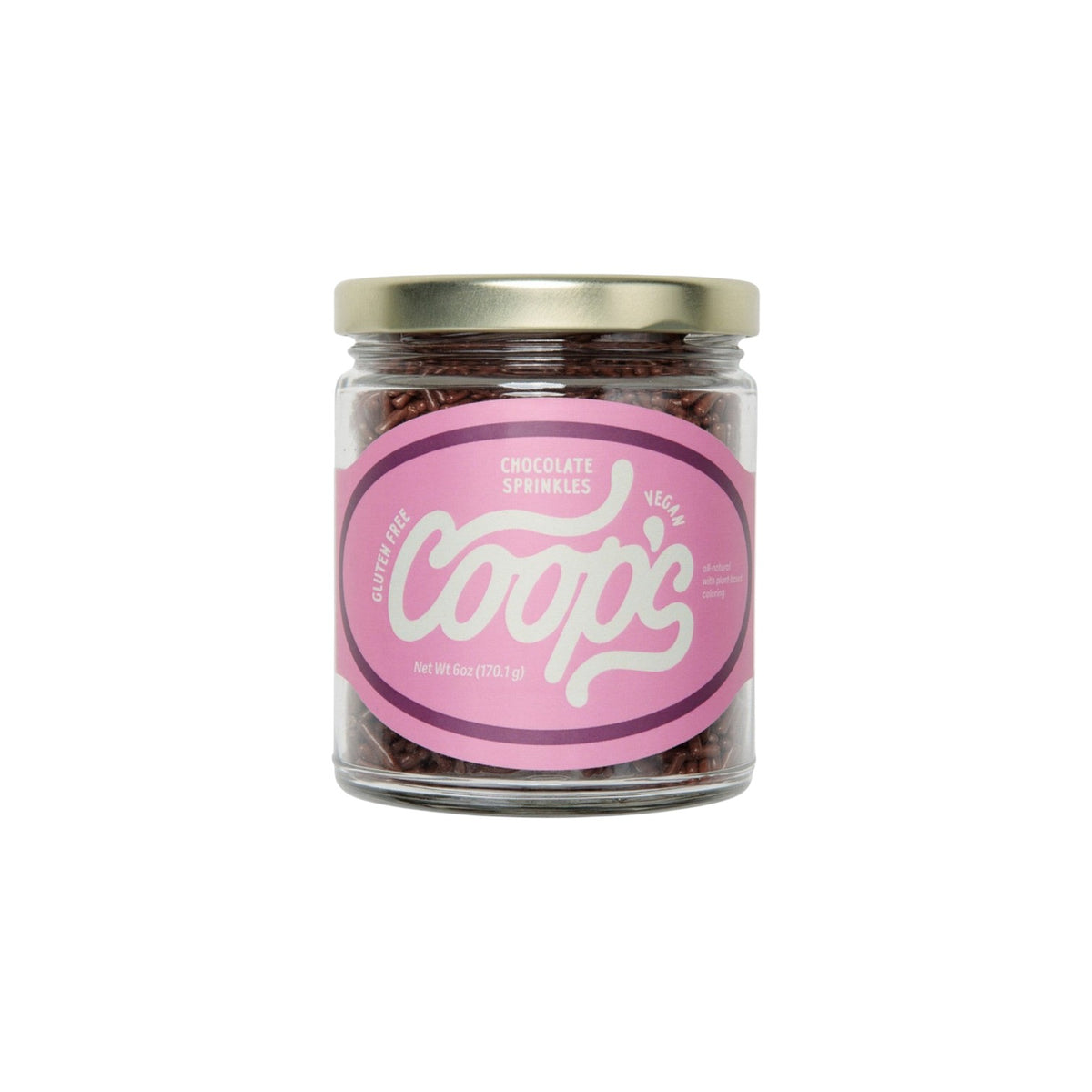 The Tiny Finch Coop's chocolate sprinkles in a 6 oz glass jar with a pink label featuring white cursive text.