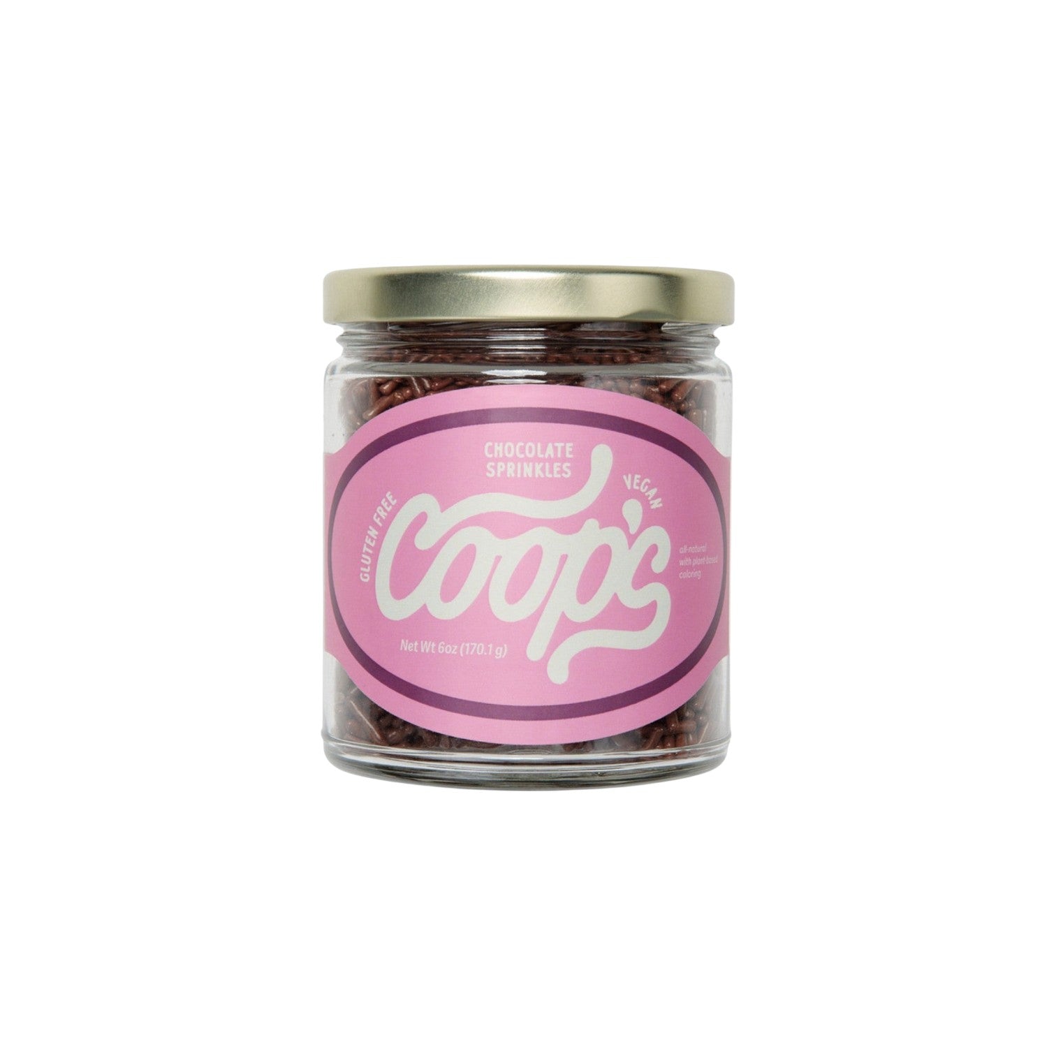 The Tiny Finch Coop's chocolate sprinkles in a 6 oz glass jar with a pink label featuring white cursive text.