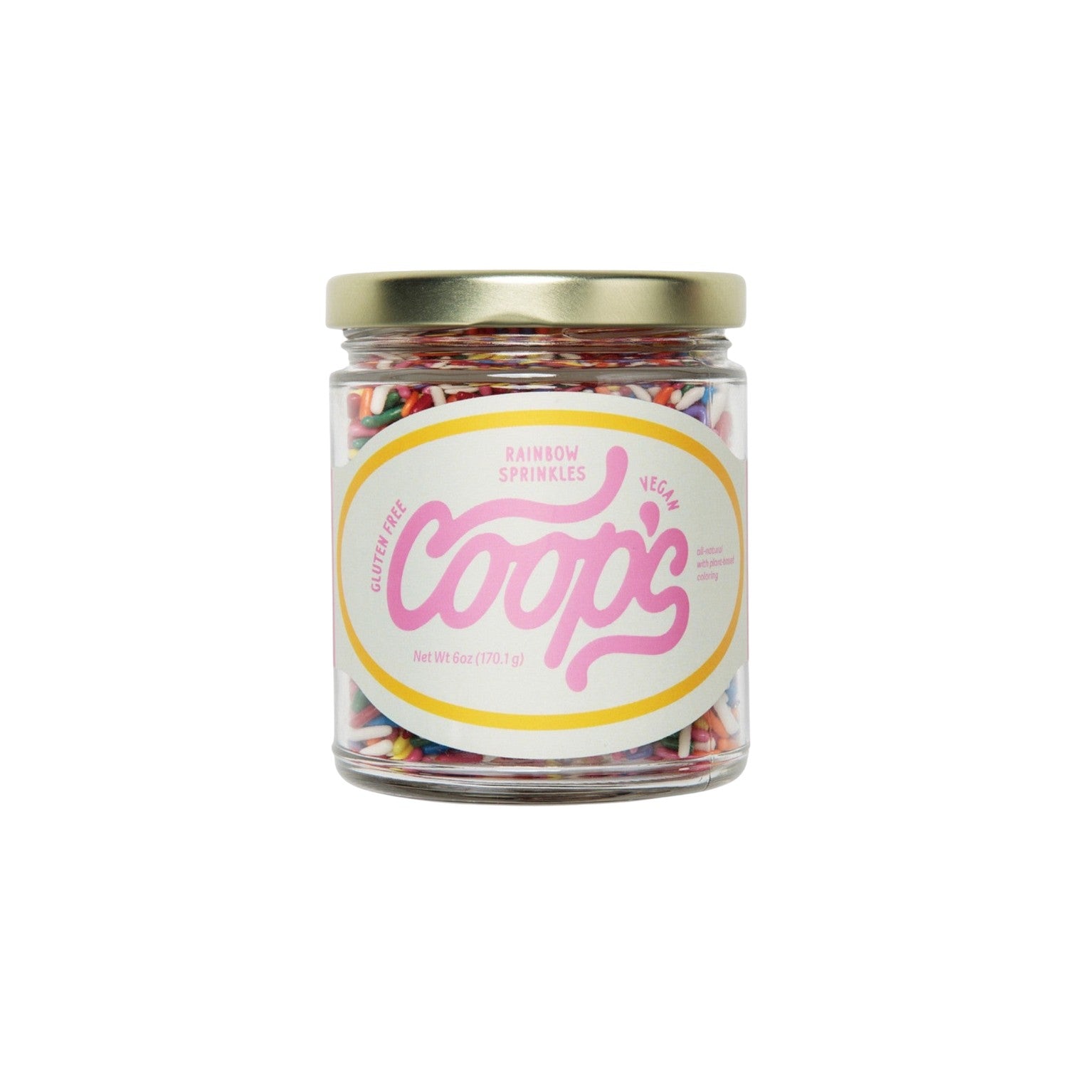 The Tiny Finch Coop's rainbow sprinkles in a 6 oz glass jar with a gold lid and natural plant-based colors.