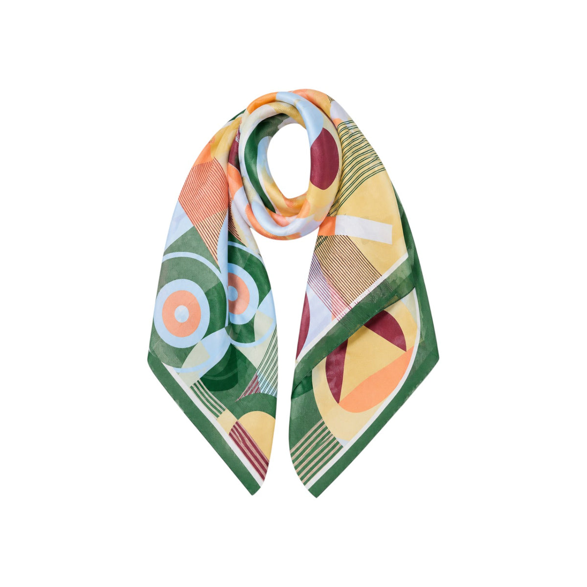 The Tiny Finch cotton square scarf featuring the Reve pattern with vibrant coral, green, and yellow abstract graphics.