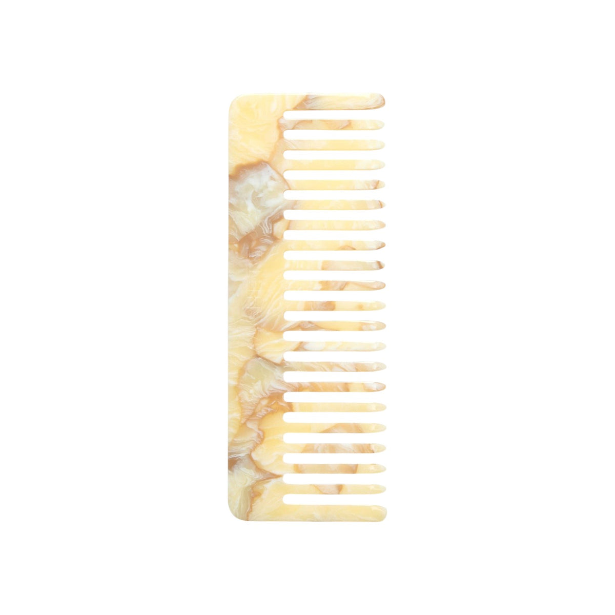 The Tiny Finch wide-tooth hair comb in a marbled crème and brown Italian acetate finish.