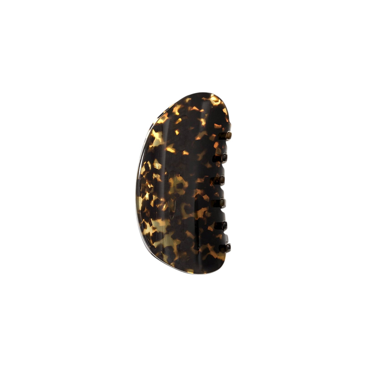 The Tiny Finch crescent-shaped hair claw in a dark tortoise shell pattern with a smooth, contoured finish.