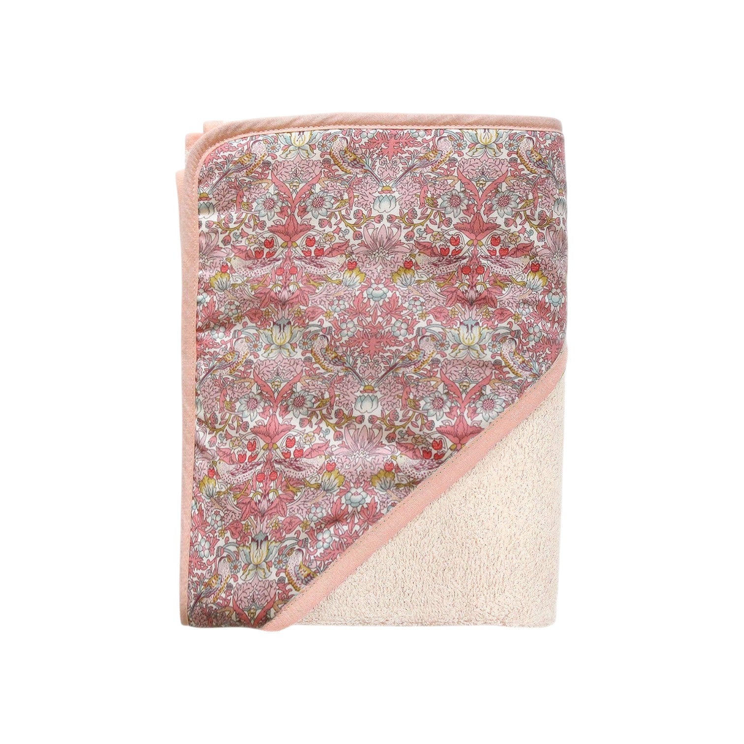 The Tiny Finch baby bath towel in Dawn pink with a floral Liberty fabric hood and soft cotton sponge loop texture.