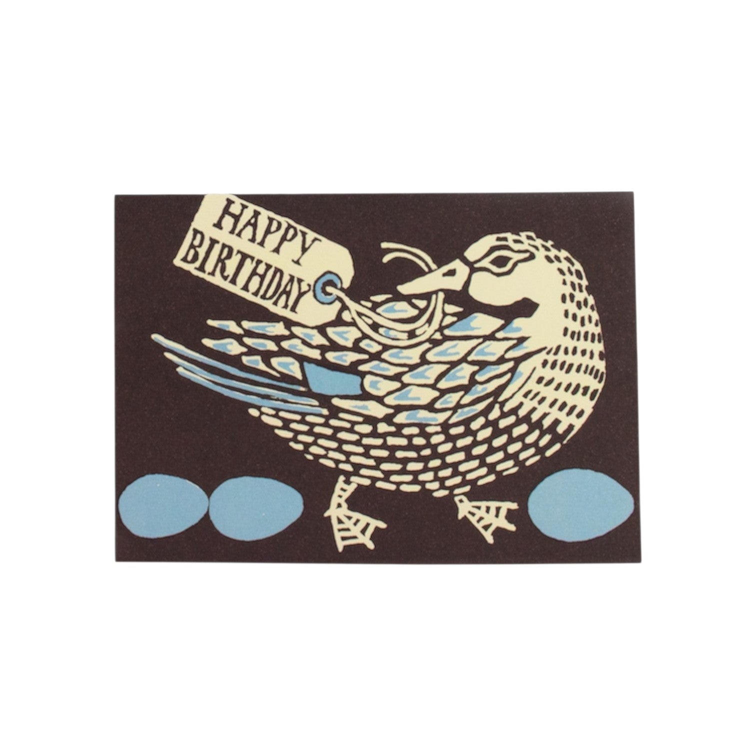 The Tiny Finch Happy Birthday card featuring a stylized duck illustration with a gift tag on a dark background.