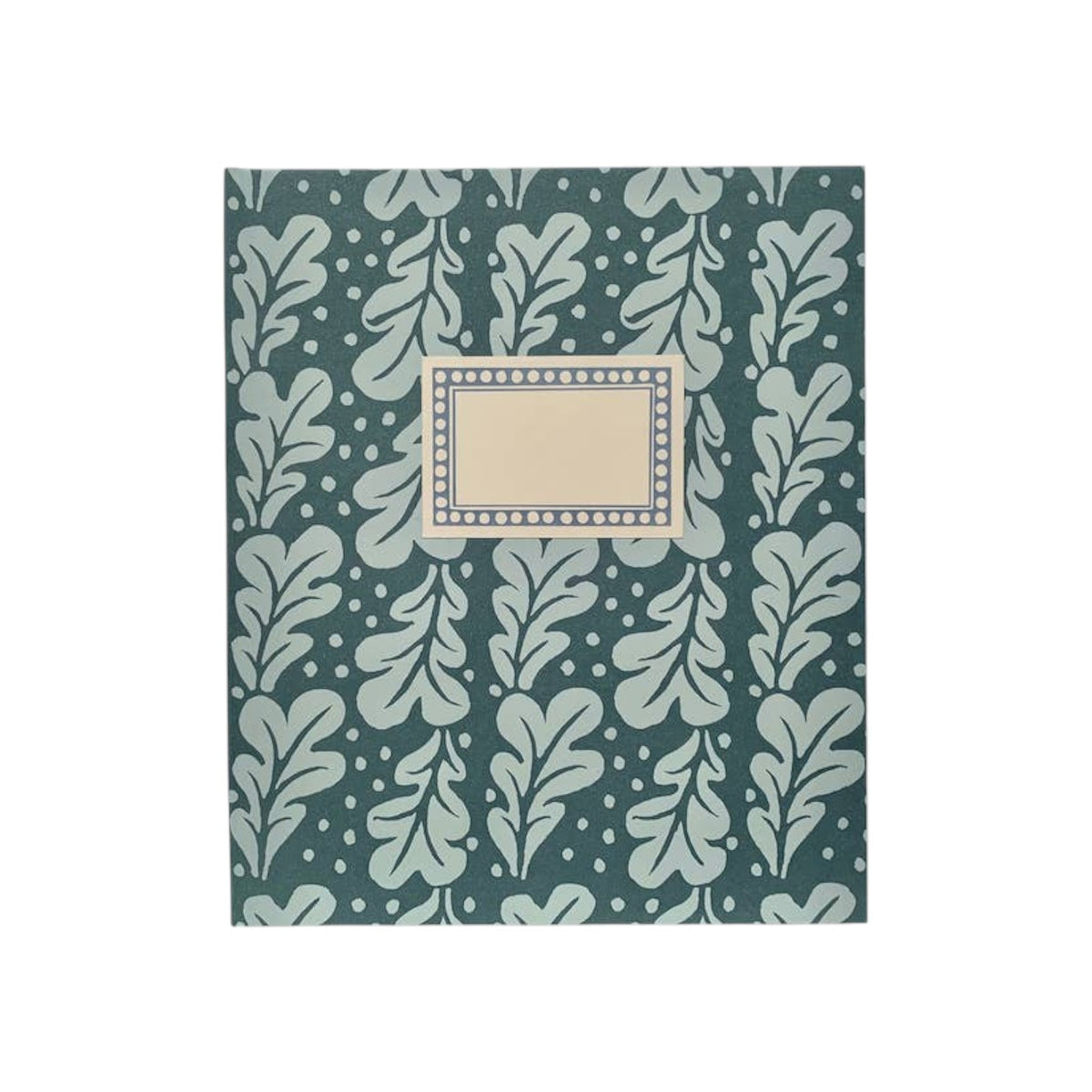 The Tiny Finch large hardback notebook in duck egg blue with a patterned oak leaf design and a central cream label.
