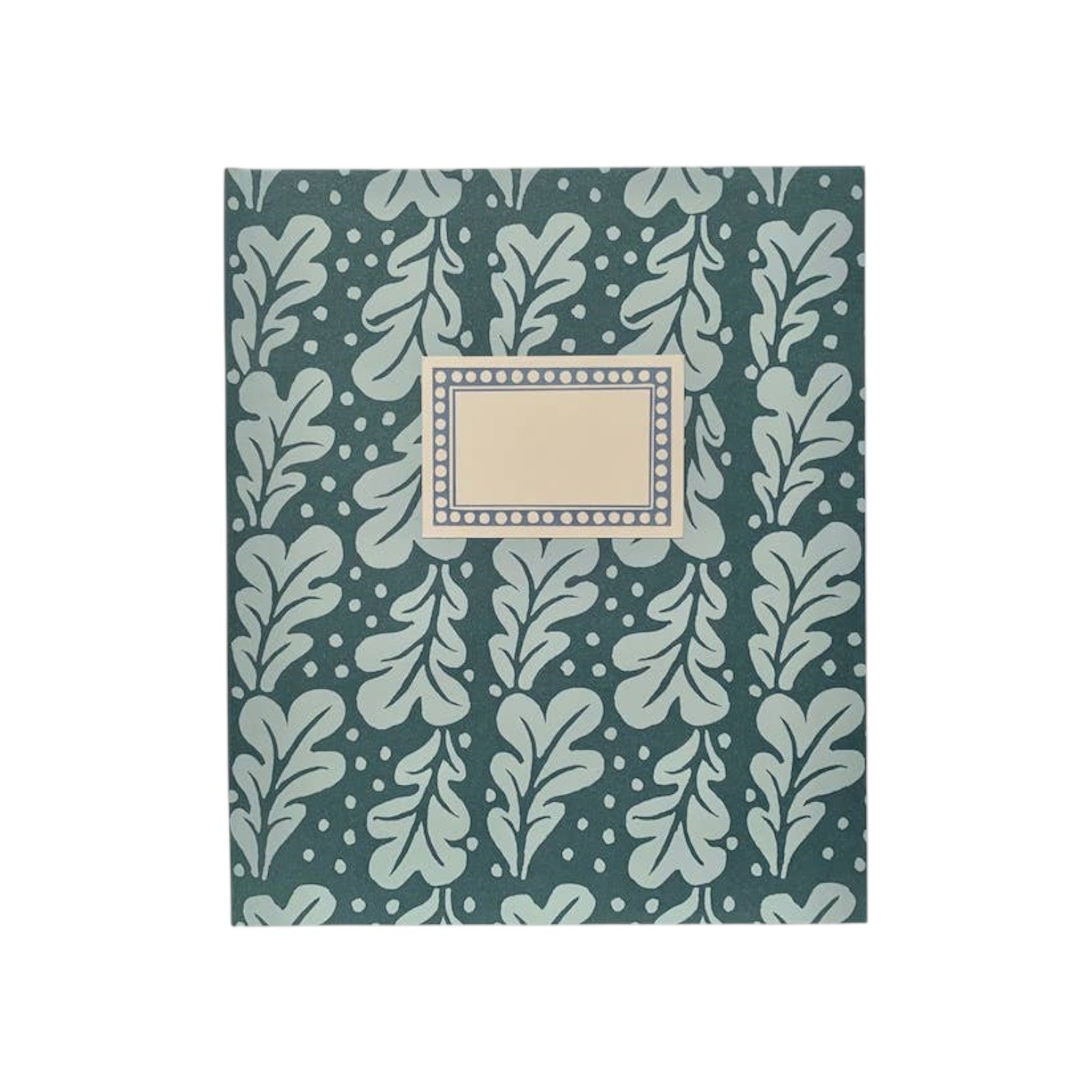 The Tiny Finch large hardback notebook in duck egg blue with a patterned oak leaf design and a central cream label.