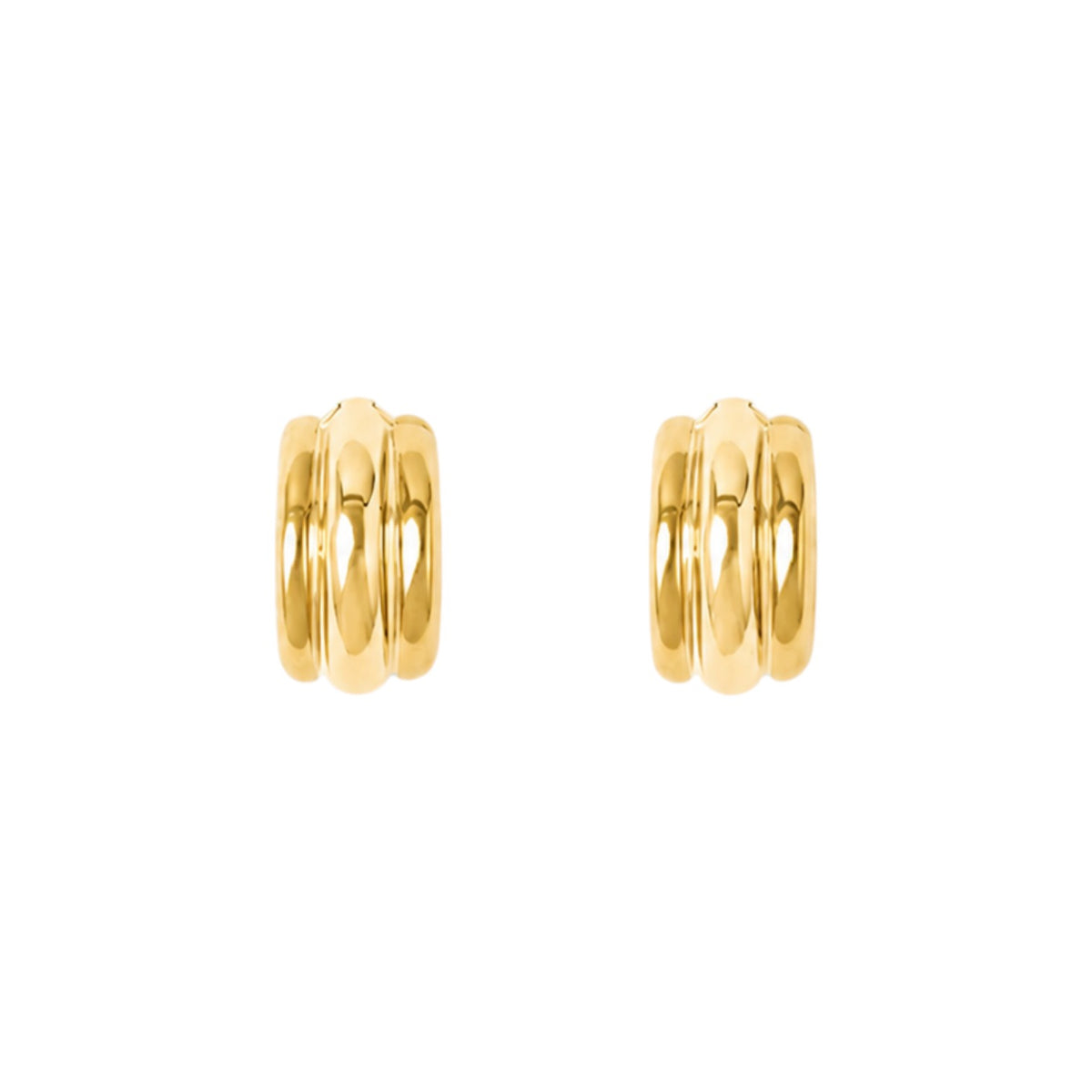 The Tiny Finch Elenora earrings in polished 18k gold-plated sterling silver with a sculptural rounded hoop design.