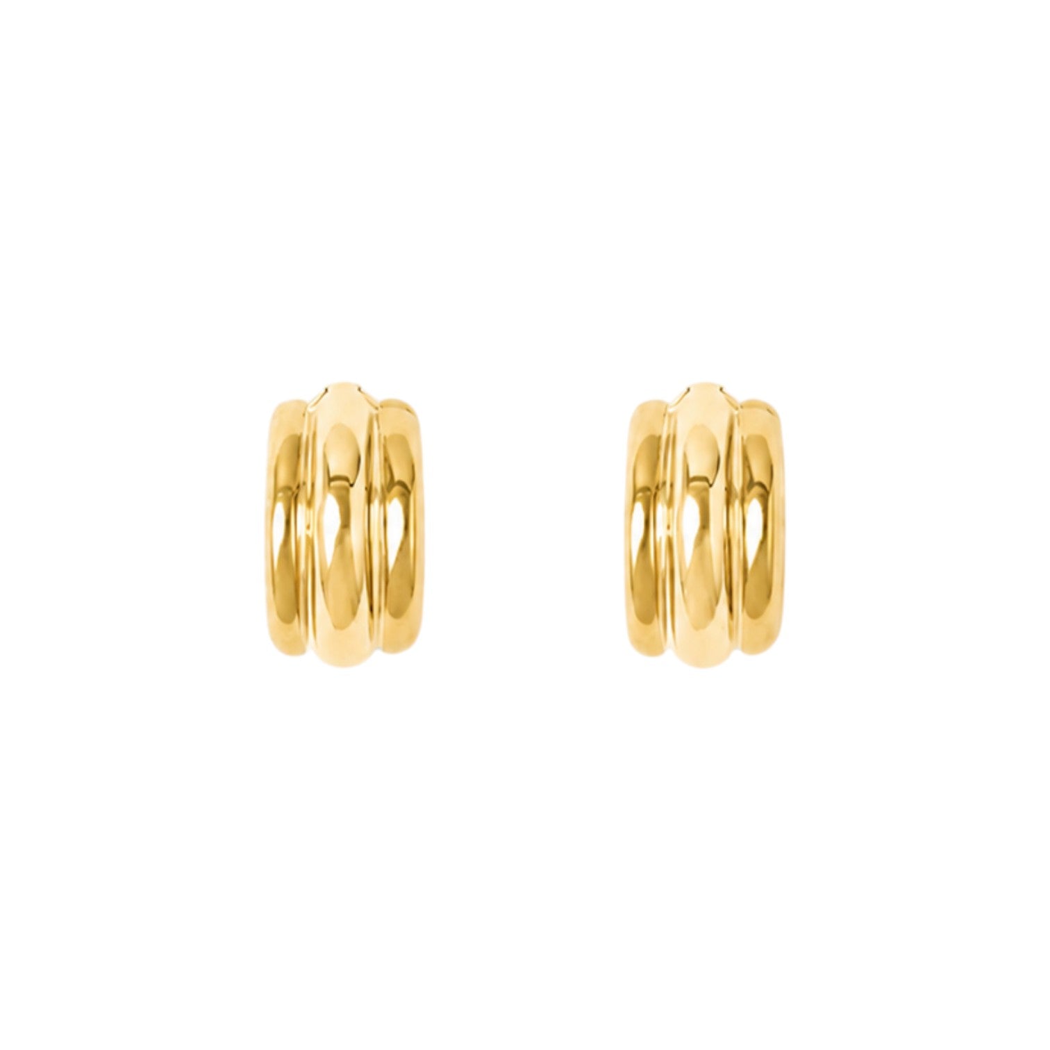 The Tiny Finch Elenora earrings in polished 18k gold-plated sterling silver with a sculptural rounded hoop design.