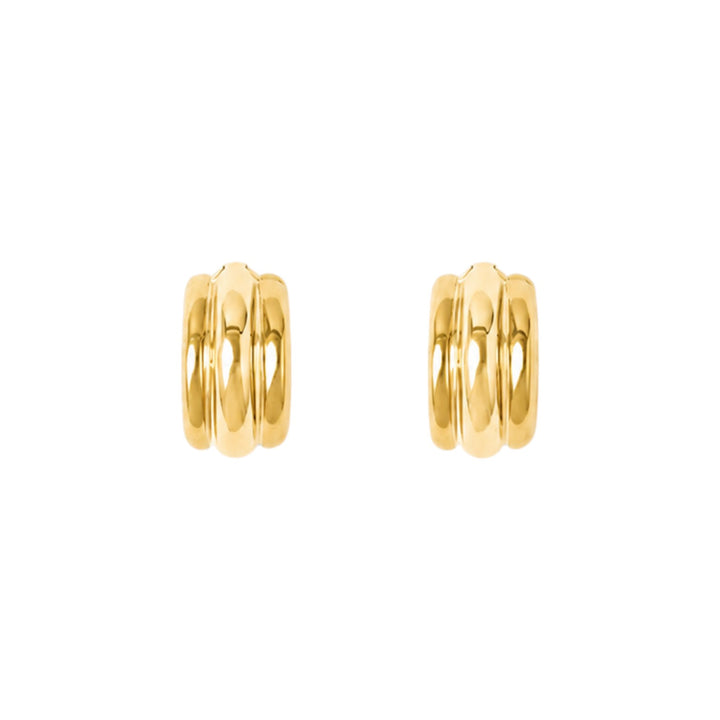 The Tiny Finch Elenora earrings in polished 18k gold-plated sterling silver with a sculptural rounded hoop design.