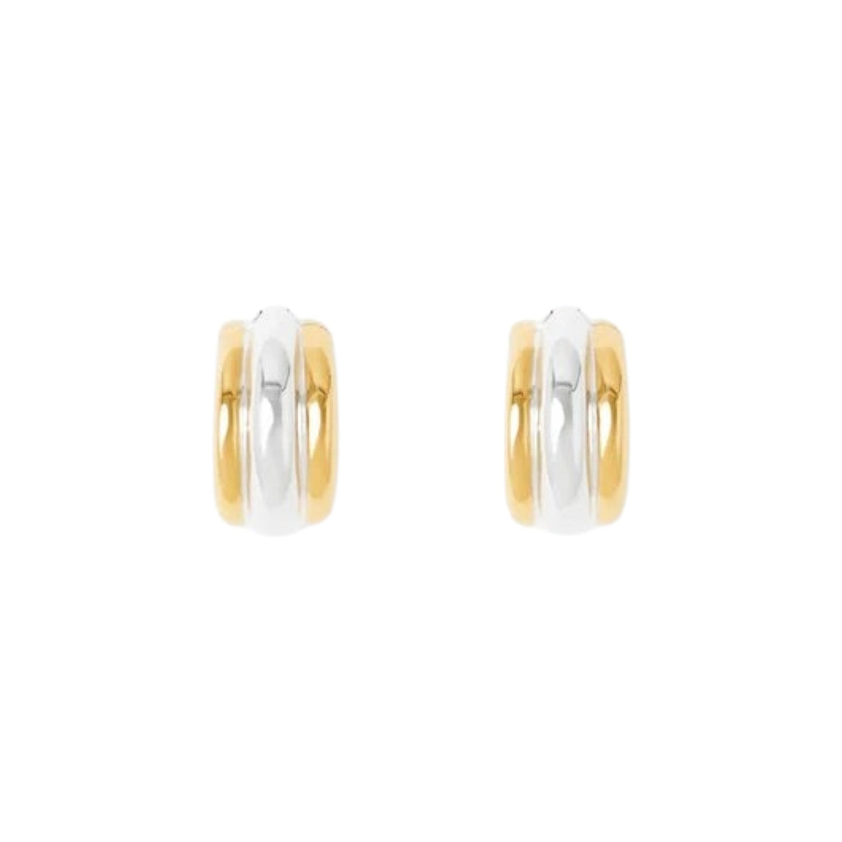 The Tiny Finch Elenora earrings featuring a sculptural two-tone hoop design in 18k gold-plated and sterling silver.