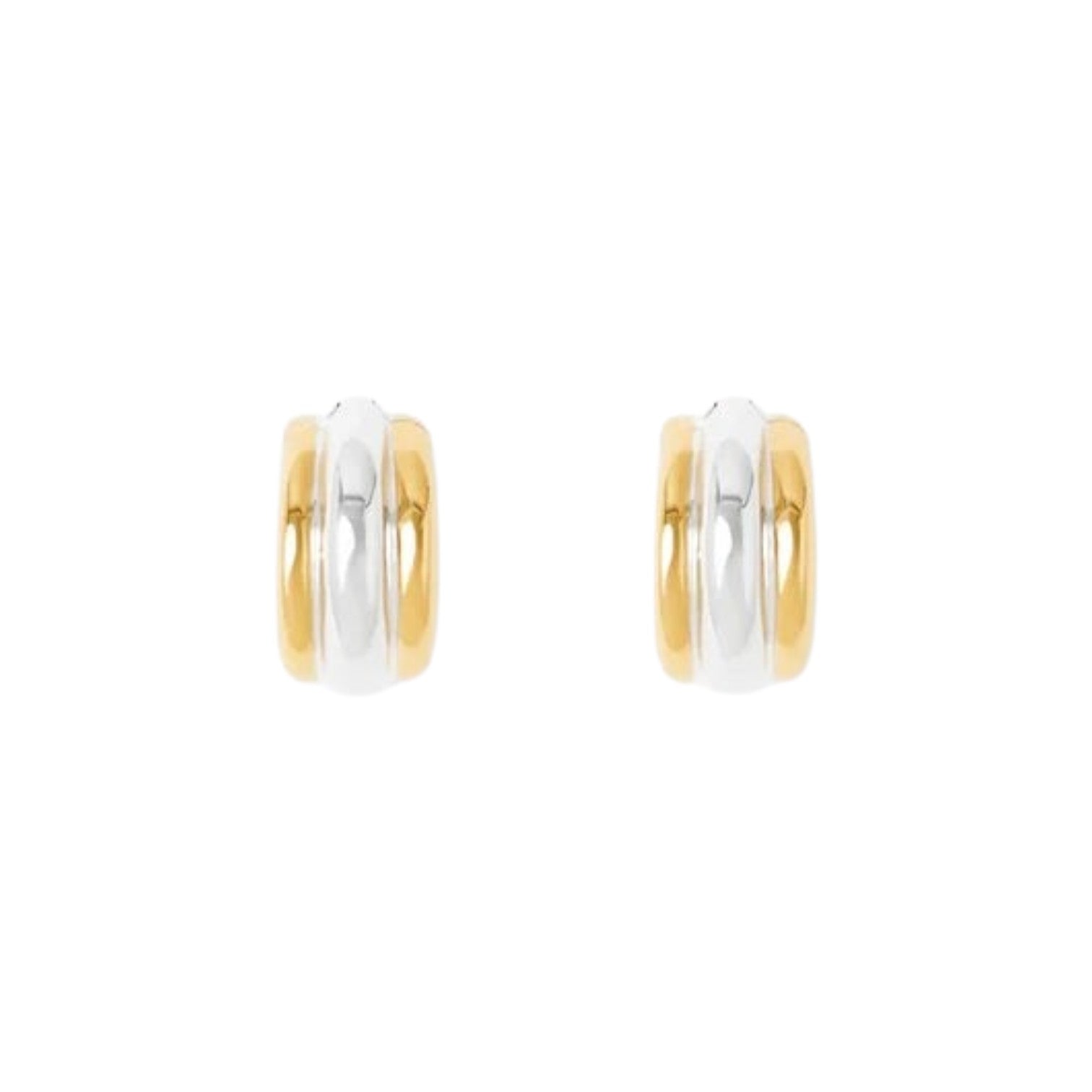 The Tiny Finch Elenora earrings featuring a sculptural two-tone hoop design in 18k gold-plated and sterling silver.