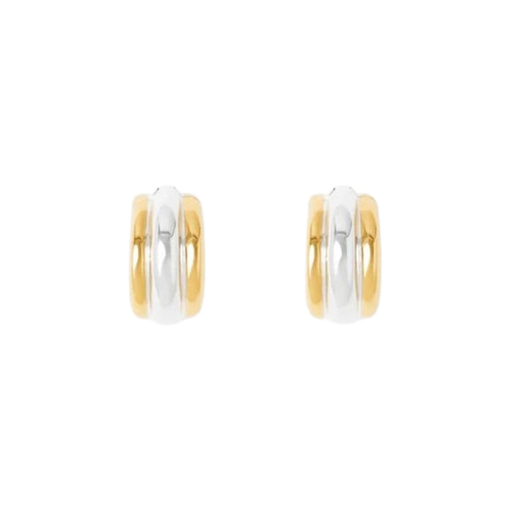 The Tiny Finch Elenora earrings featuring a sculptural two-tone hoop design in 18k gold-plated and sterling silver.