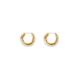 The Tiny Finch Elenora earrings featuring a sculptural two-tone hoop design in 18k gold-plated and sterling silver.