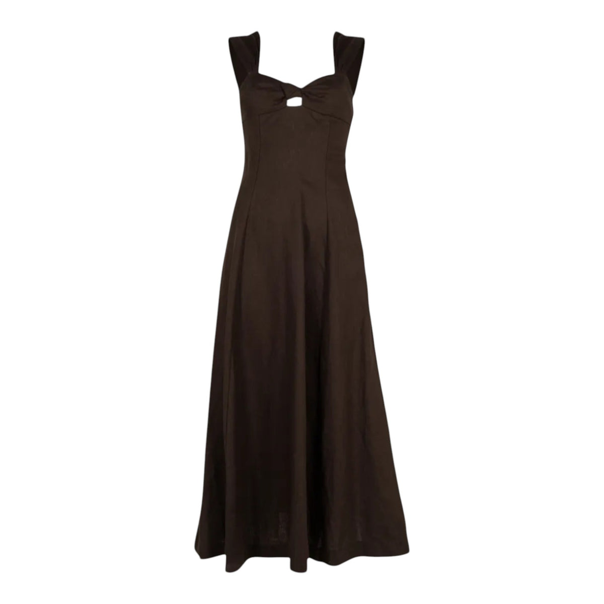 The Tiny Finch Pallida espresso brown linen midi dress with square neckline, bust cut-out, and knot tie detail.