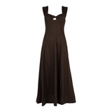 The Tiny Finch Pallida espresso brown linen midi dress with square neckline, bust cut-out, and knot tie detail.