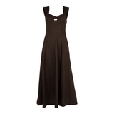 The Tiny Finch Pallida espresso brown linen midi dress with square neckline, bust cut-out, and knot tie detail.