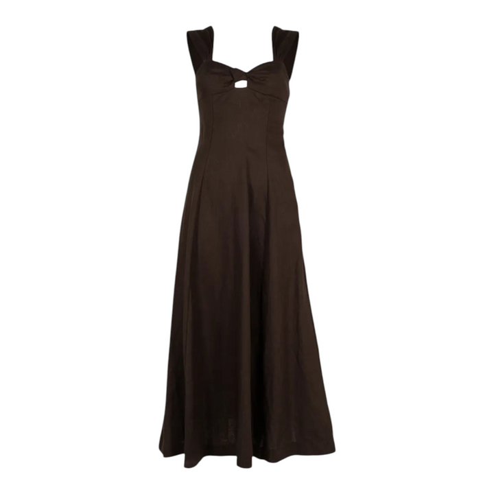 The Tiny Finch Pallida espresso brown linen midi dress with square neckline, bust cut-out, and knot tie detail.