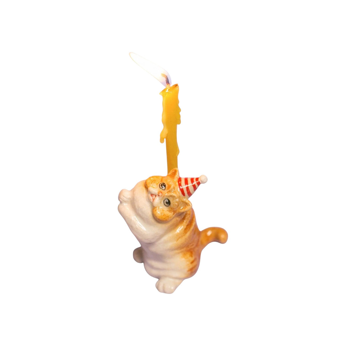 The Tiny Finch Exotic Shorthair cat cake topper wearing a red and white party hat with a lit yellow birthday candle.