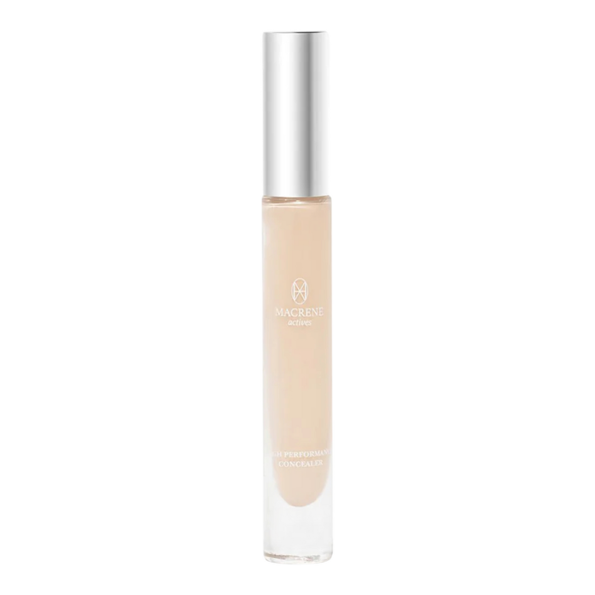 The Tiny Finch Macrene Actives high performance concealer in Extra Deep with a silver cap and clear glass tube.