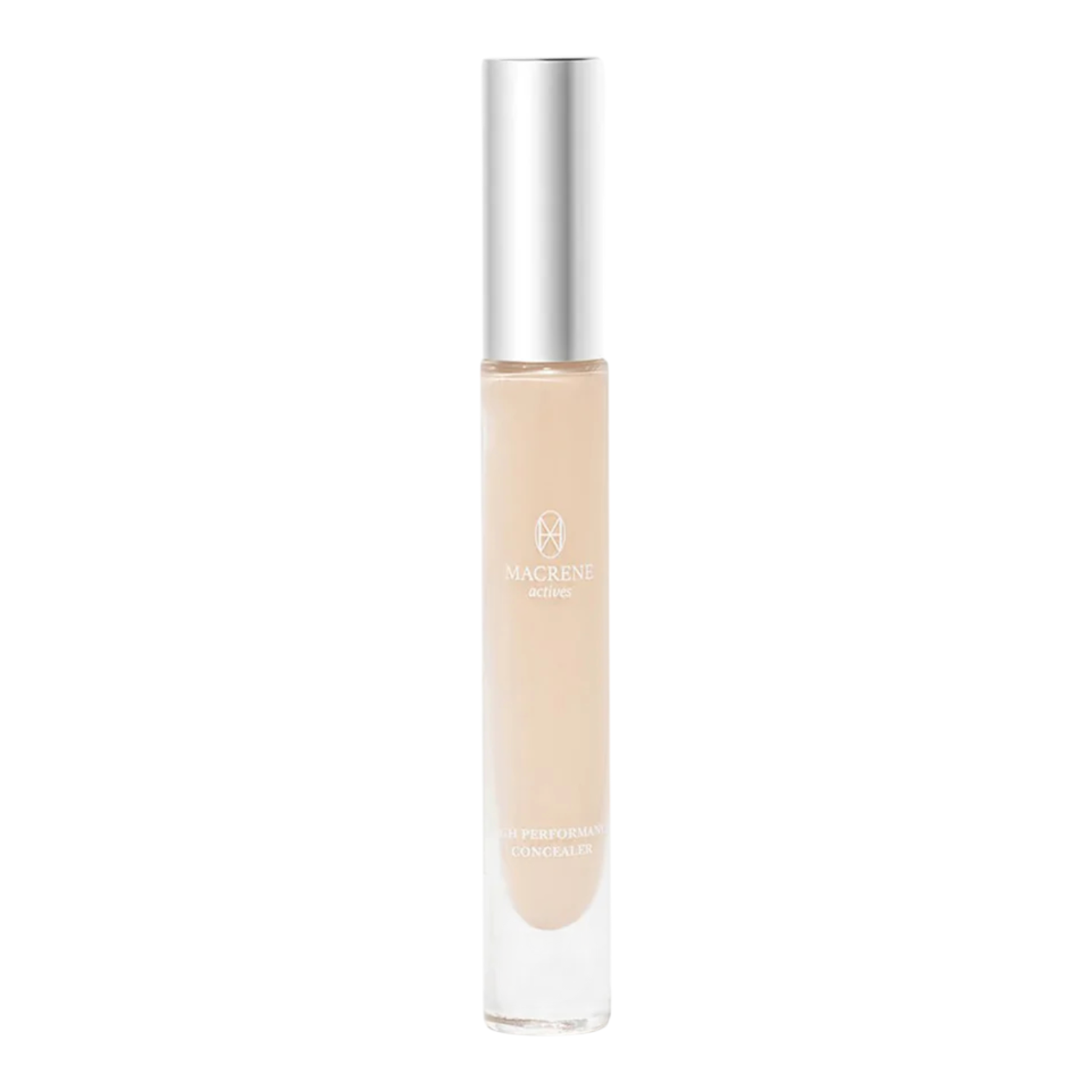 The Tiny Finch Macrene Actives high performance concealer in Extra Deep with a silver cap and clear glass tube.