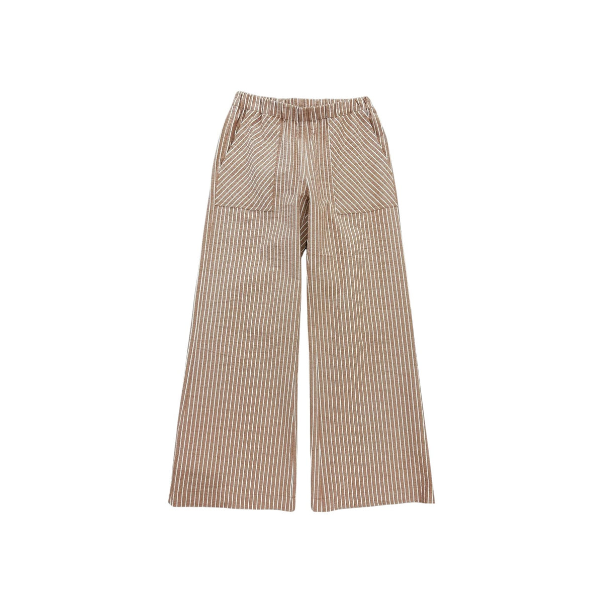 The Tiny Finch Miley fawn wide-leg pants with white vertical stripes, elastic waistband, and front patch pockets.