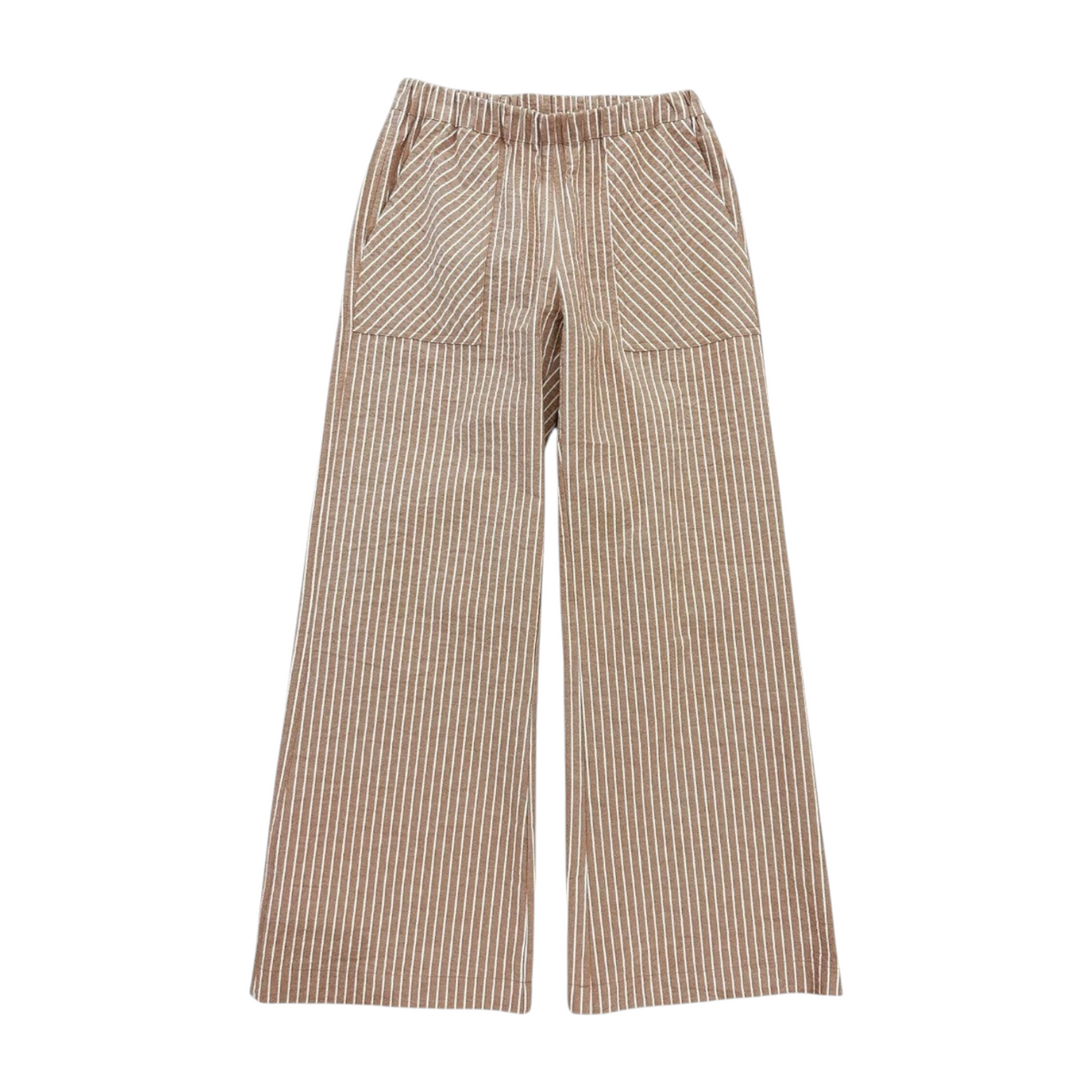 The Tiny Finch Miley fawn wide-leg pants with white vertical stripes, elastic waistband, and front patch pockets.