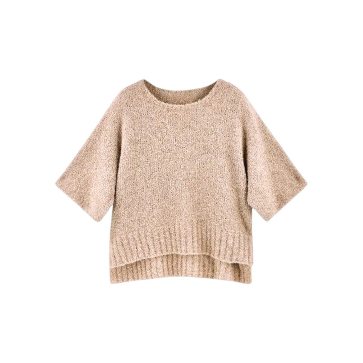 The Tiny Finch Fez Boucle top in graham cracker tan, featuring fuzzy alpaca knit, dolman sleeves, and a wide neckline.