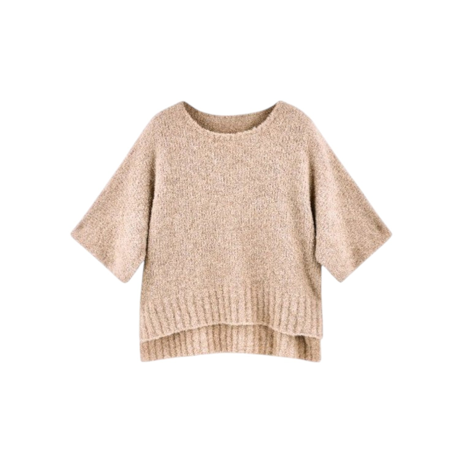 The Tiny Finch Fez Boucle top in graham cracker tan, featuring fuzzy alpaca knit, dolman sleeves, and a wide neckline.