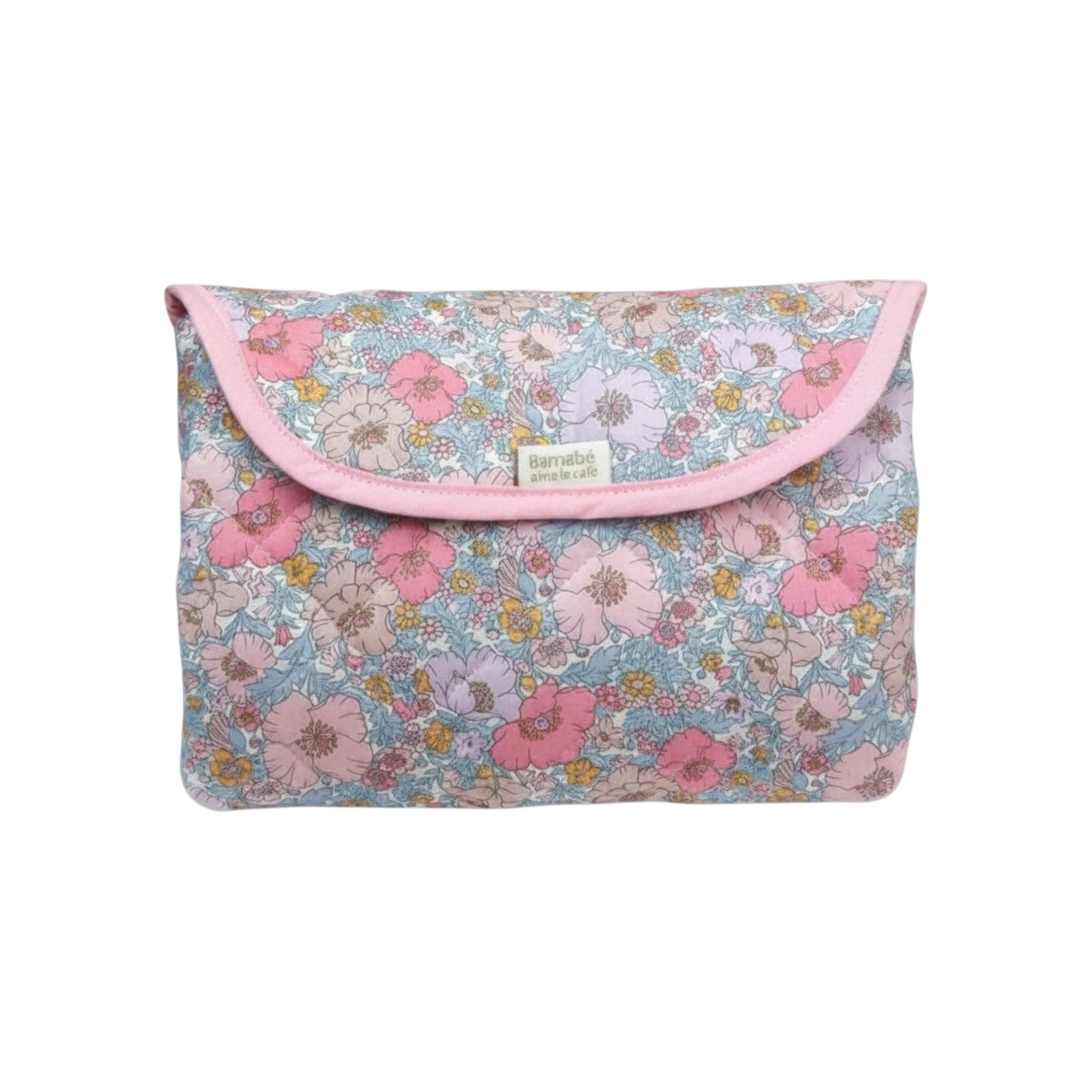 The Tiny Finch Liberty floral print fleece baby changing mat folded into a compact pouch with pink trim