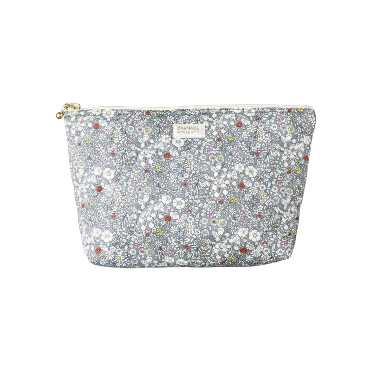 The Tiny Finch Baby Toiletry Bag Katie in grey floral Liberty fleece fabric with a gold zipper closure