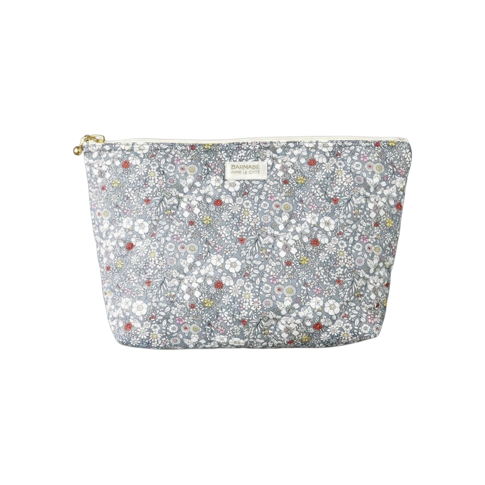 The Tiny Finch Baby Toiletry Bag Katie in grey floral Liberty fleece fabric with a gold zipper closure