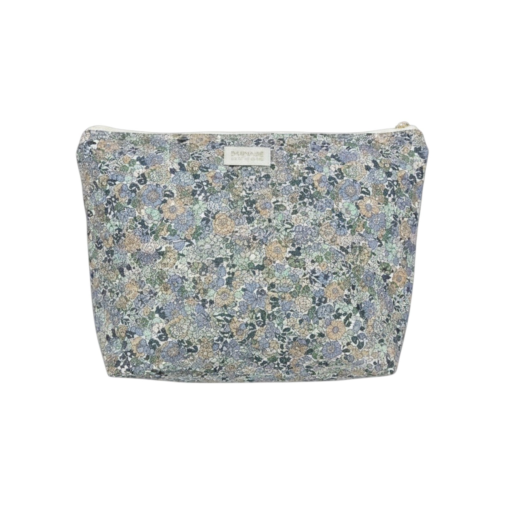 The Tiny Finch baby toiletry bag in floral Liberty cotton fleece with a washable interior and brass zipper detail.