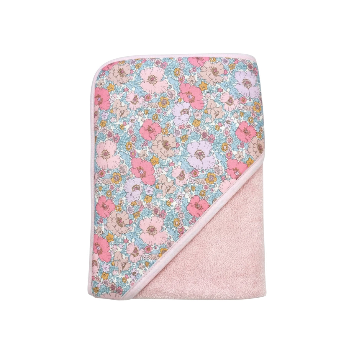 The Tiny Finch Sofia baby towel featuring pink floral Liberty fabric and soft pink sponge loop material.
