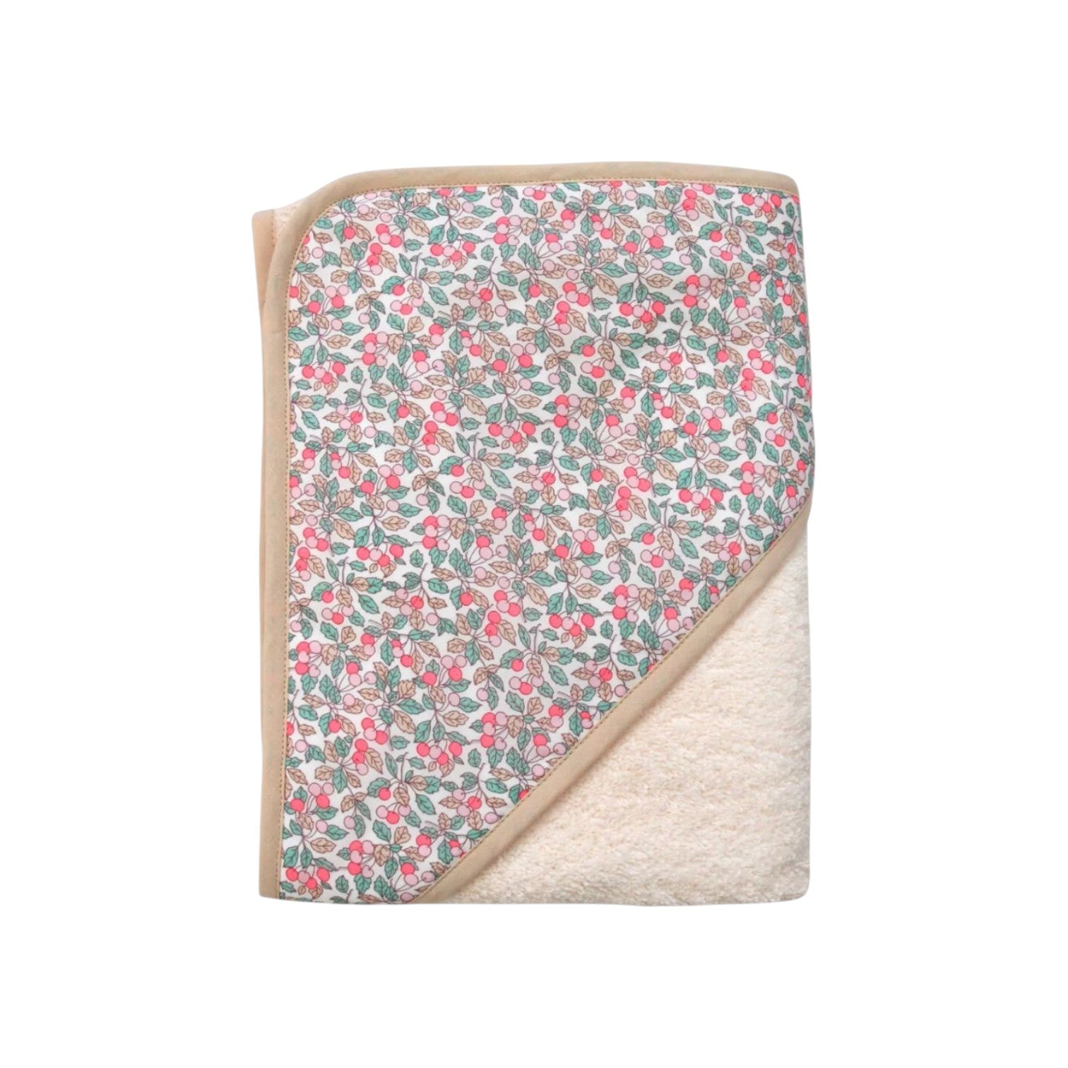 The Tiny Finch baby towel featuring a floral Liberty fabric print with pink cherries and soft cream sponge loop