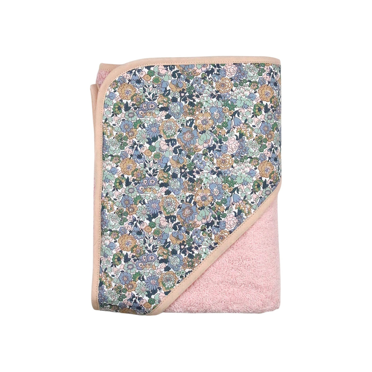 The Tiny Finch Jenny baby bath towel with a pink cotton sponge and a floral Liberty fabric hood and trim.
