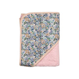 The Tiny Finch Jenny baby bath towel with a pink cotton sponge and a floral Liberty fabric hood and trim.