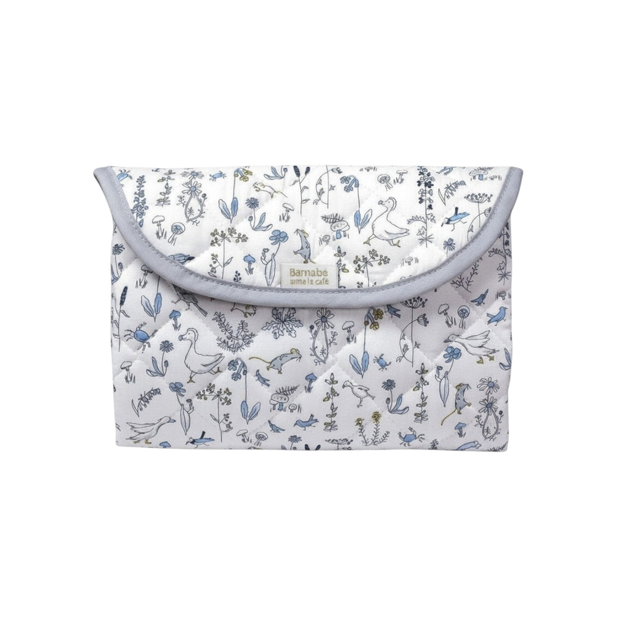 The Tiny Finch Liberty fleece travel changing mat in a floral goose print, folded into a compact pouch.