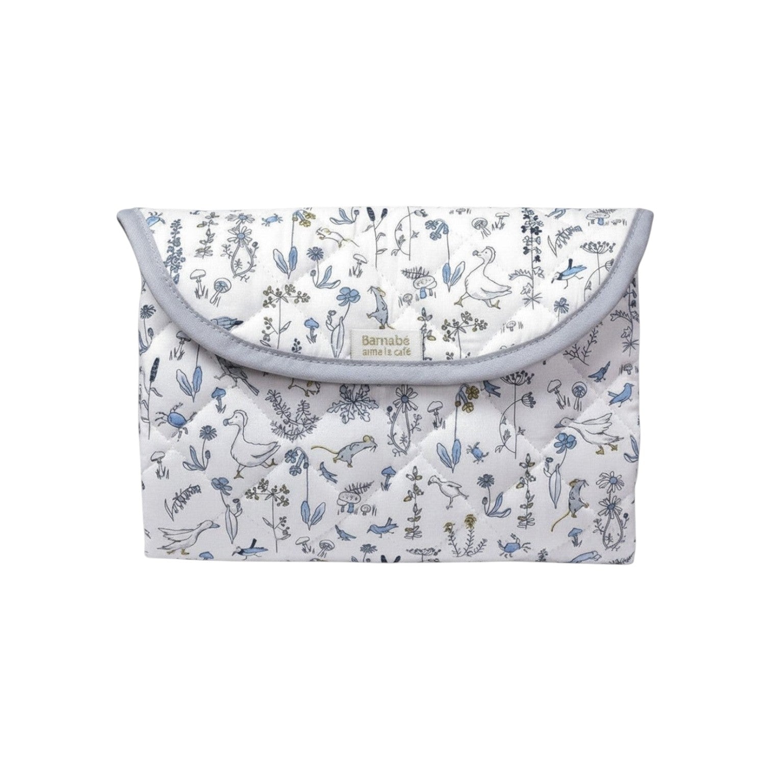 The Tiny Finch Liberty fleece travel changing mat in a floral goose print, folded into a compact pouch.