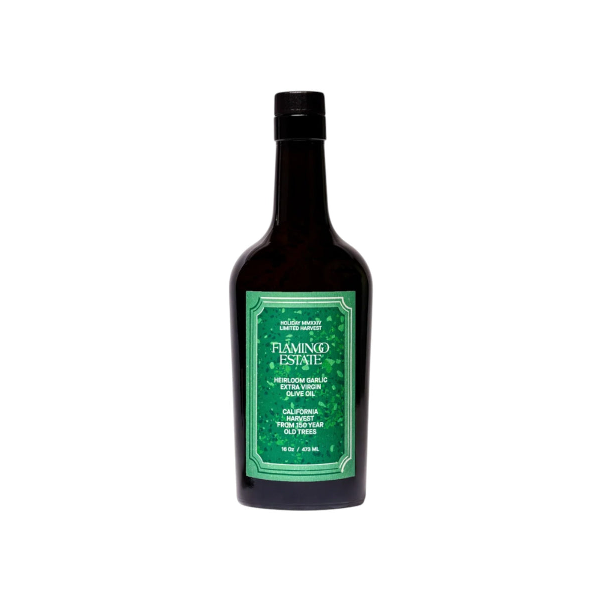 The Tiny Finch Flamingo Estate garlic infused extra virgin olive oil in a dark glass bottle with a green label.
