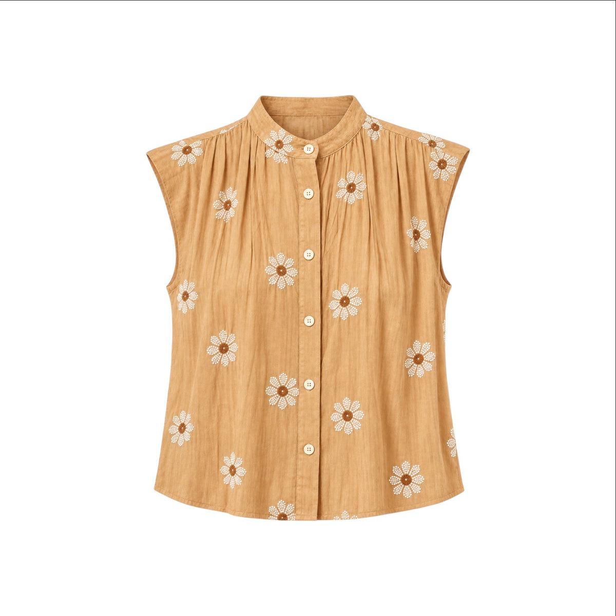 The Tiny Finch Gemma tan silk sleeveless top with white floral embroidery, pleated details, and front button closure.