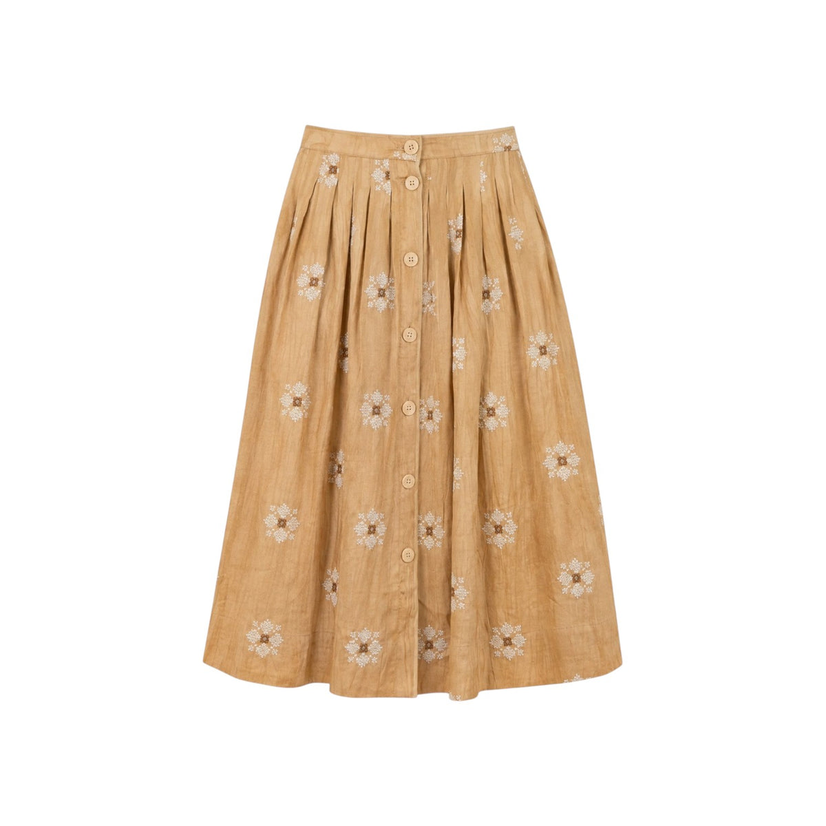 The Tiny Finch Gemma tan silk skirt with delicate white floral embroidery, front button closure, and soft pleating.