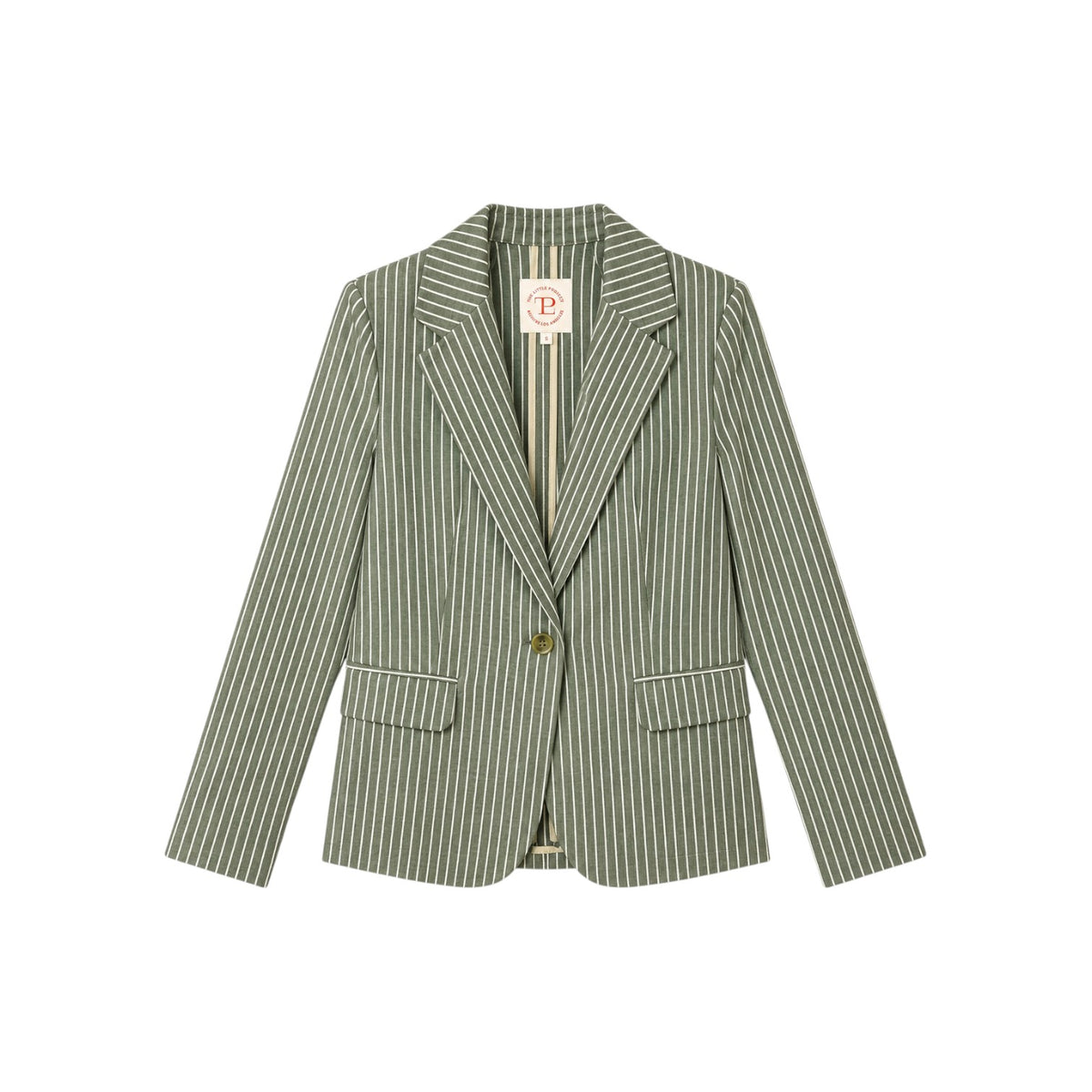 The Tiny Finch Georgia Cactus Stripe Top, a shrunken schoolboy blazer in green and white stripes with flap pockets.