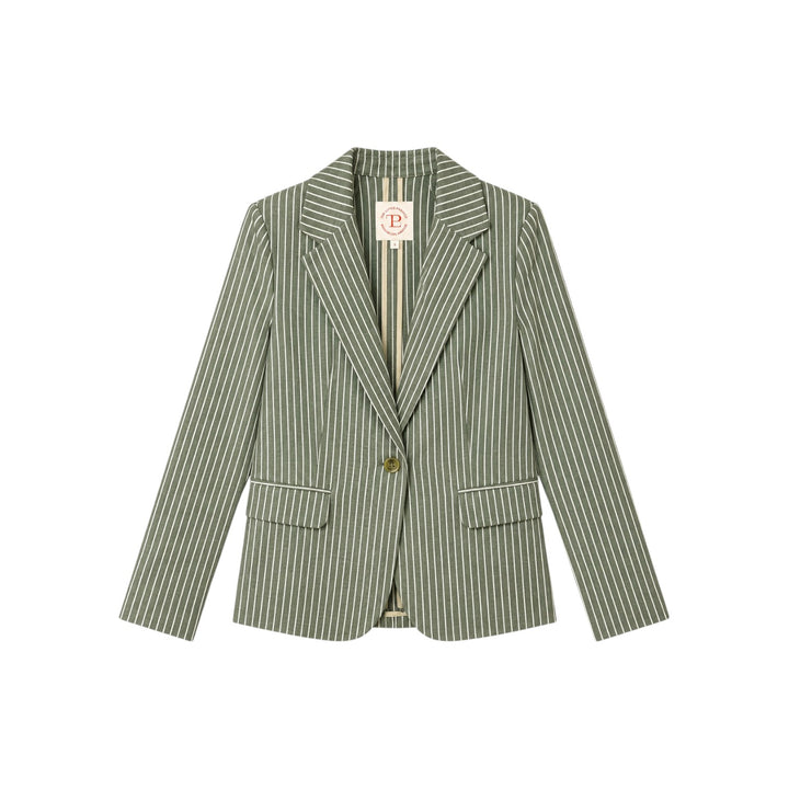 The Tiny Finch Georgia Cactus Stripe Top, a shrunken schoolboy blazer in green and white stripes with flap pockets.