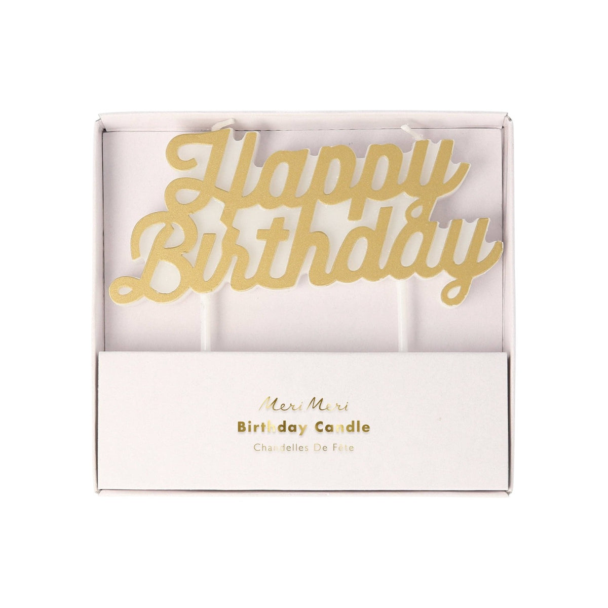 The Tiny Finch gold Happy Birthday cake candle by Meri Meri in its original white presentation box