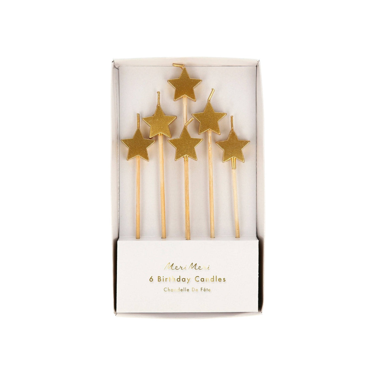 The Tiny Finch gold star birthday candles by Meri Meri, pack of 6 wax candles with natural wooden sticks.