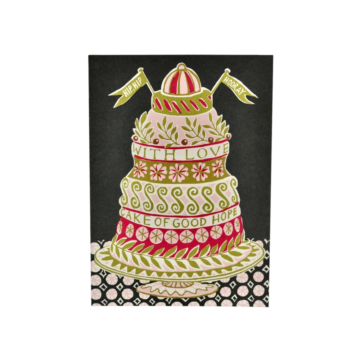 The Tiny Finch large green and pink Cake of Good Hope greeting card with hand-mixed colours on ivory cardstock.