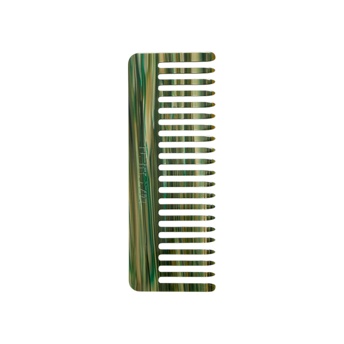 The Tiny Finch wide-tooth hair comb in a green and brown marbled Italian acetate finish on a white background