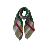 The Tiny Finch Divine scarf in 100% cotton featuring a green, pink, and grey marl color-block plaid pattern.